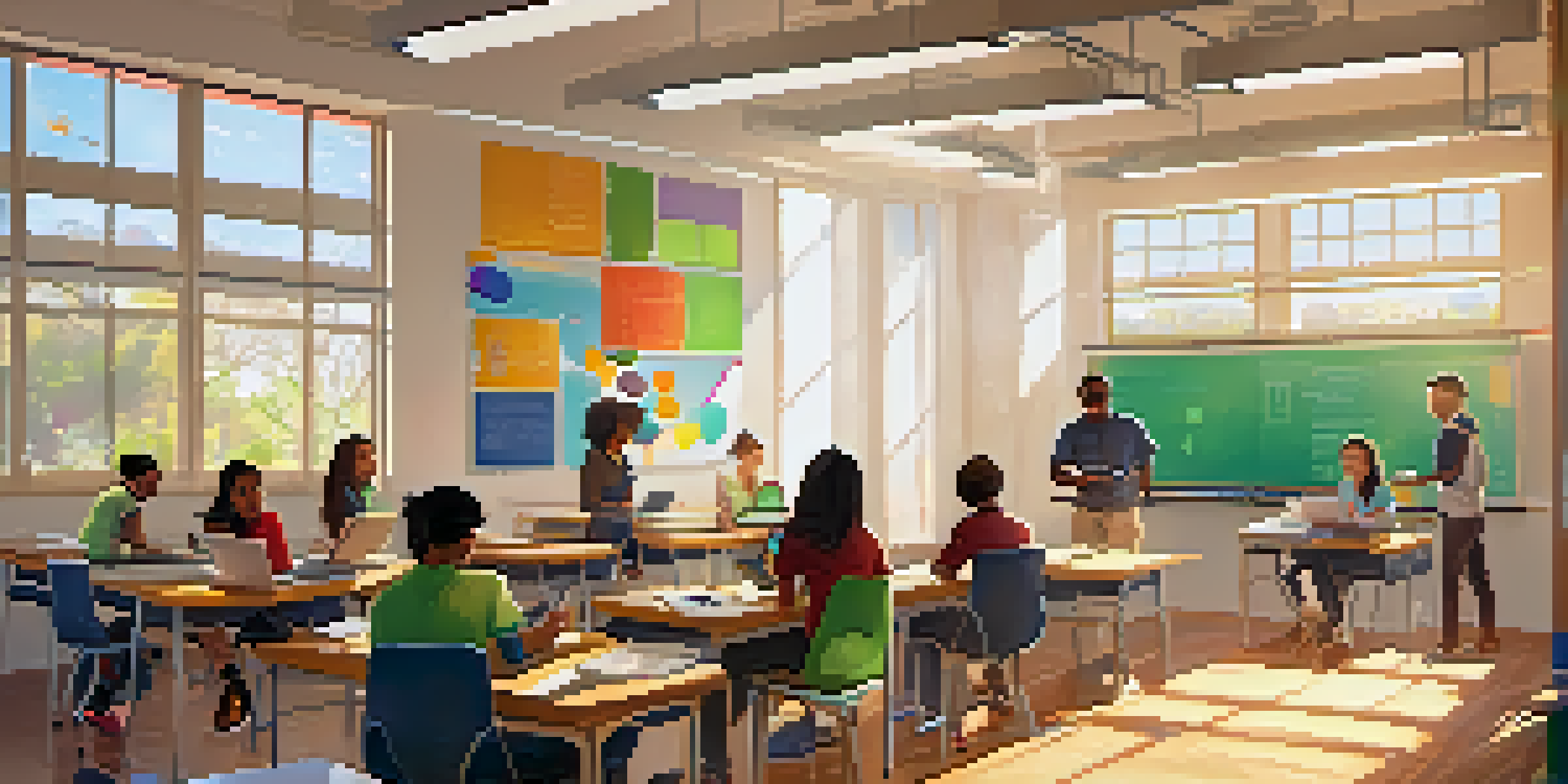 A diverse classroom with students of different backgrounds using laptops and tablets, engaged in digital learning with bright sunlight coming through the windows.