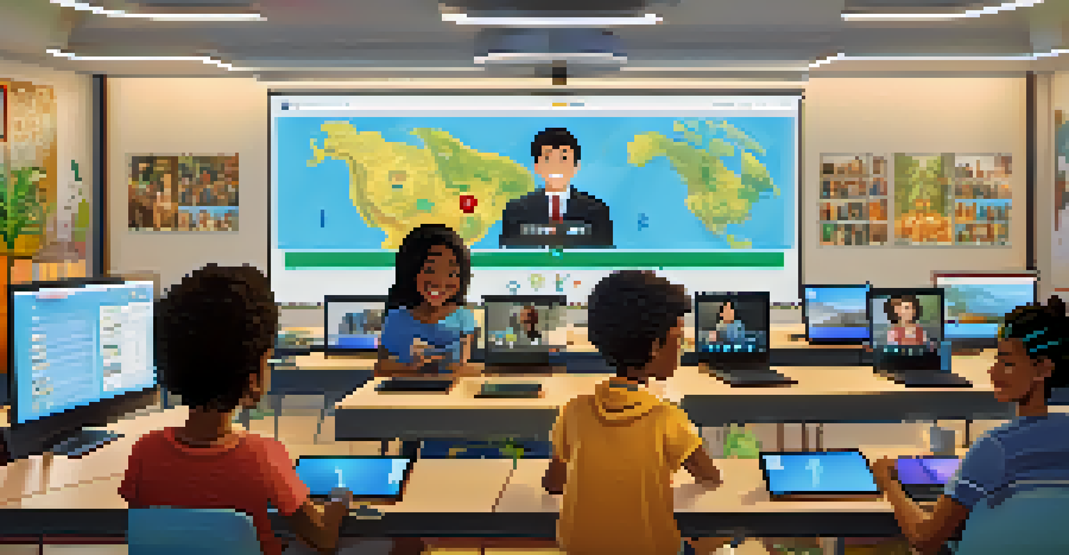 Students in an online classroom setting participating in a video conference with peers from around the world.