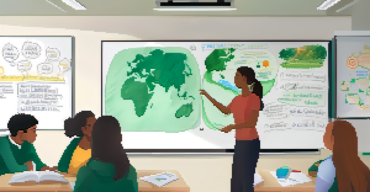 A teacher leading a discussion on climate change in a classroom, with students engaged and various educational posters displayed.