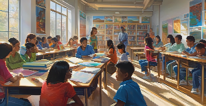 A diverse group of students collaborating in a bright classroom, with books and art supplies around them.