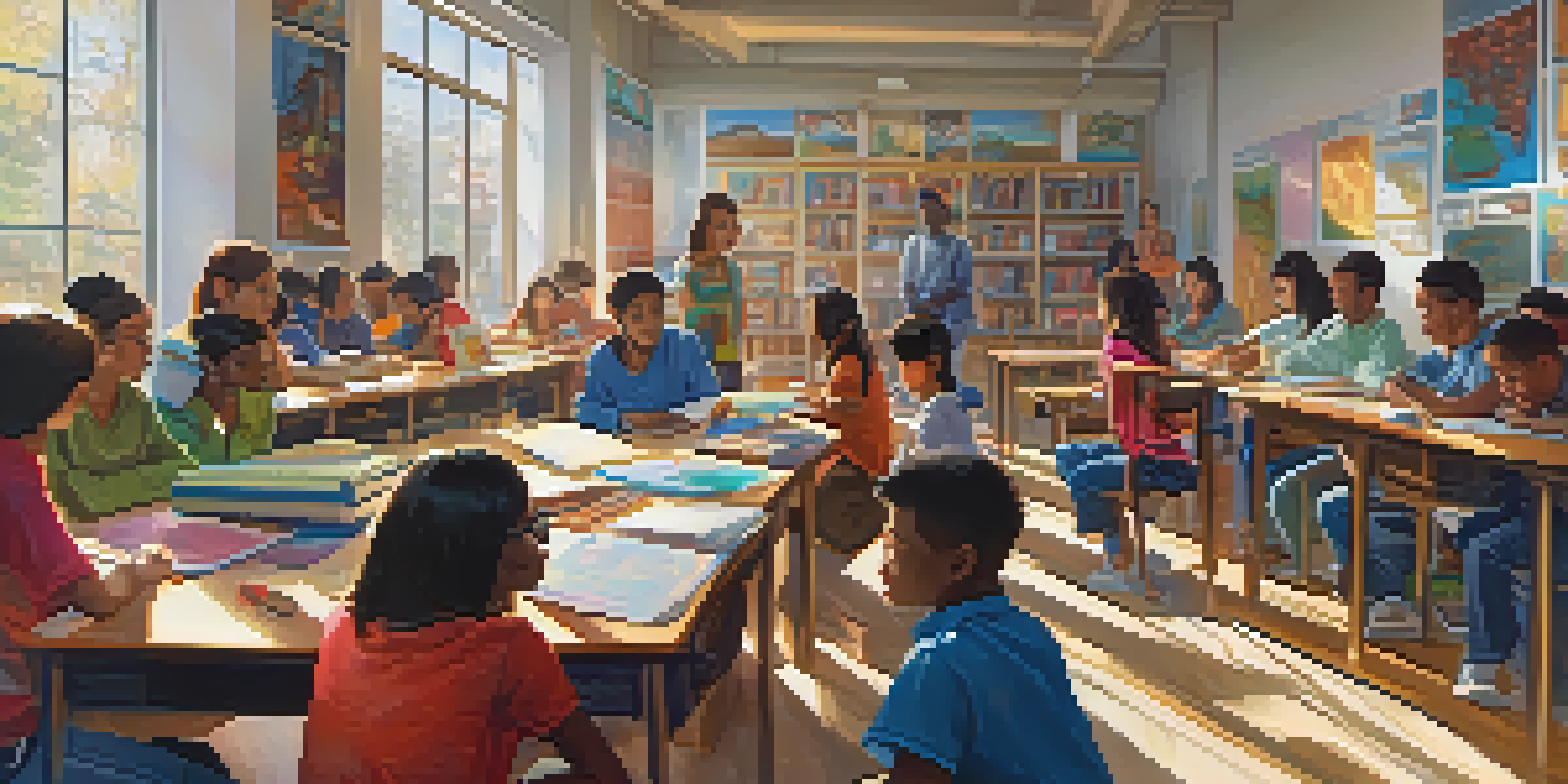 A diverse group of students collaborating in a bright classroom, with books and art supplies around them.