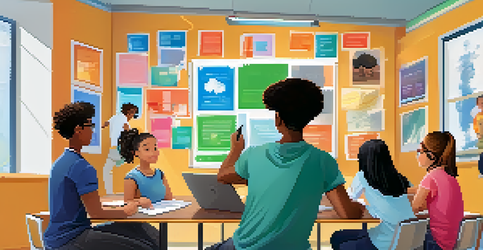 A diverse group of students from different cultures working together with a digital tablet in a vibrant classroom.