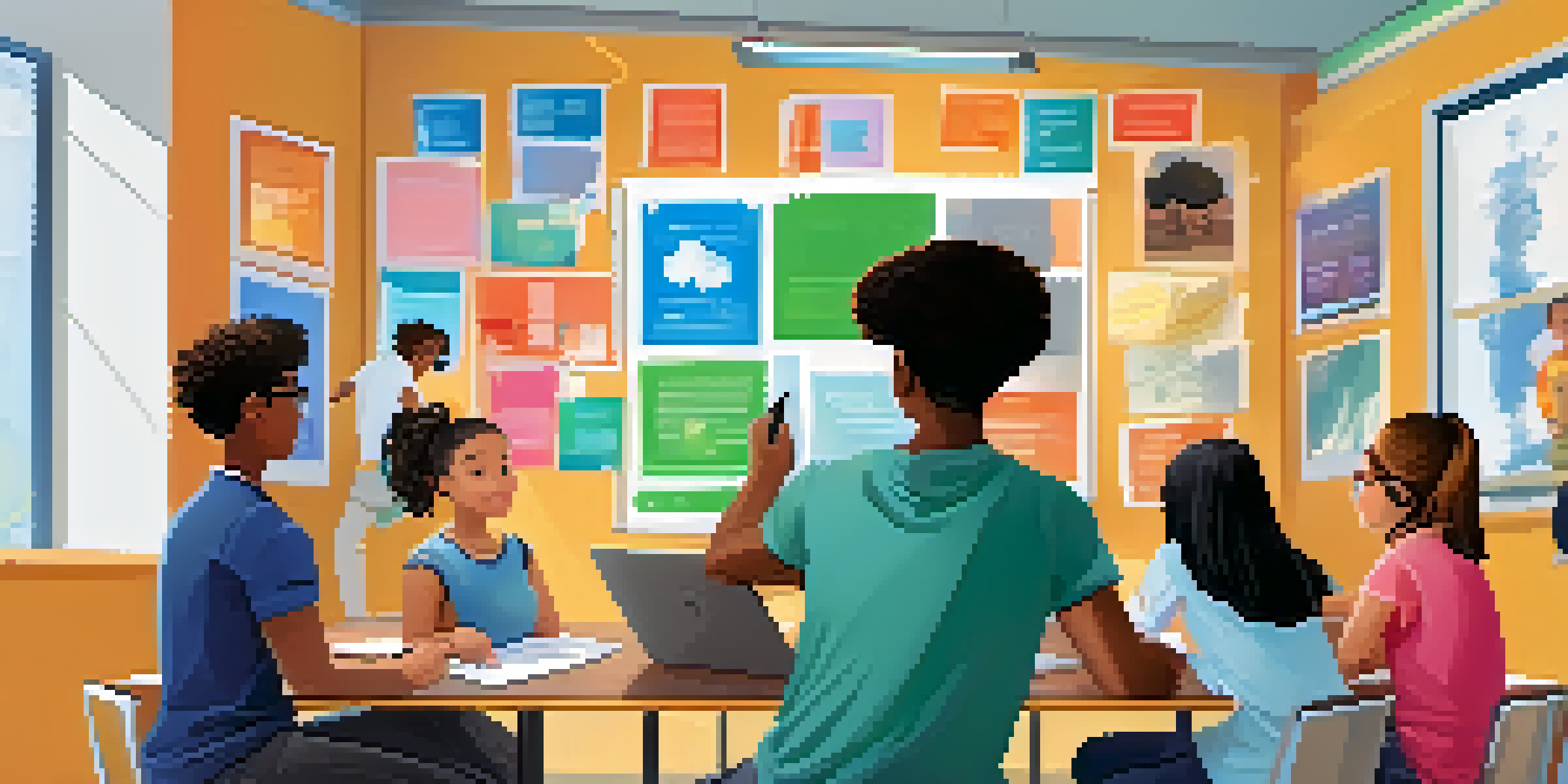 A diverse group of students from different cultures working together with a digital tablet in a vibrant classroom.