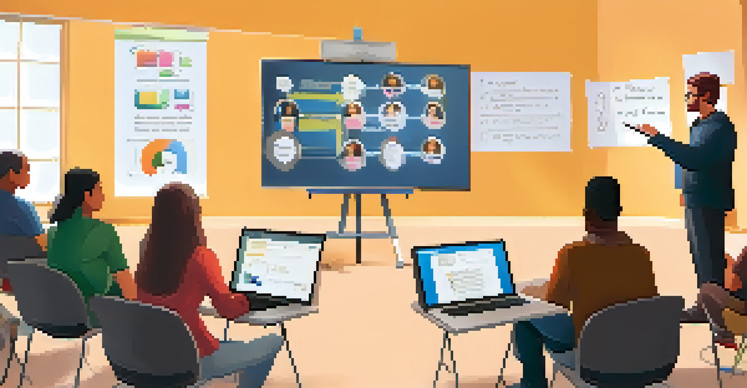 A teacher leading a workshop on digital assessment tools, with a group of attentive educators seated and engaging with the material in a tech-equipped classroom.