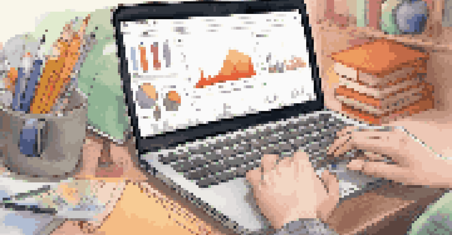 A student's hands typing on a laptop showing graphs and charts, surrounded by school supplies in a cozy study area.
