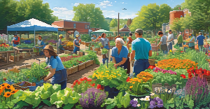 A diverse group of people working together in a community garden, planting flowers and vegetables under warm sunlight.