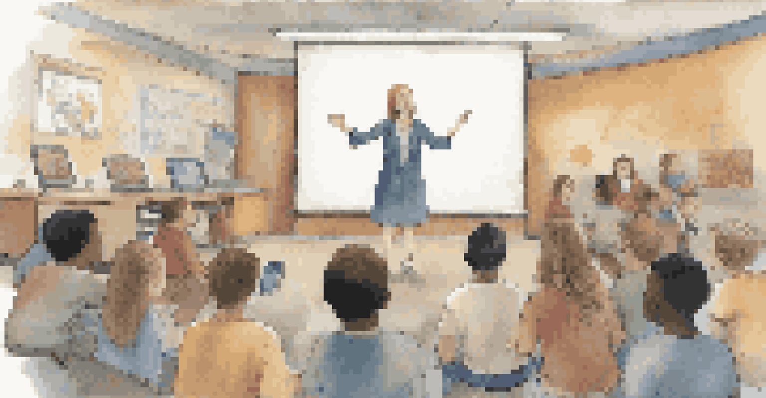 A teacher narrating a story to students, with floating digital images of various media formats around them, symbolizing transmedia learning.