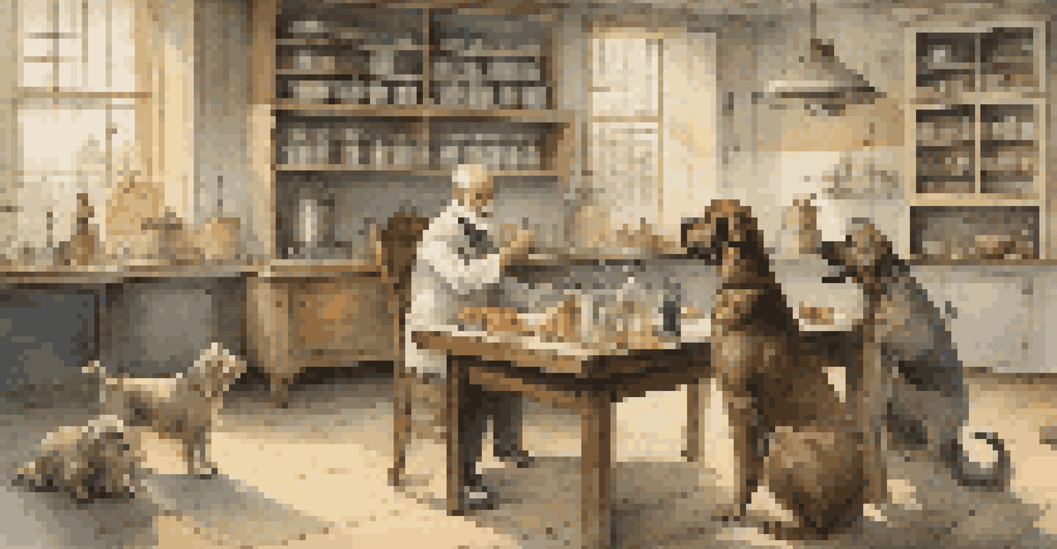 An illustration of Pavlov's experiment with a dog awaiting the bell in a vintage lab.