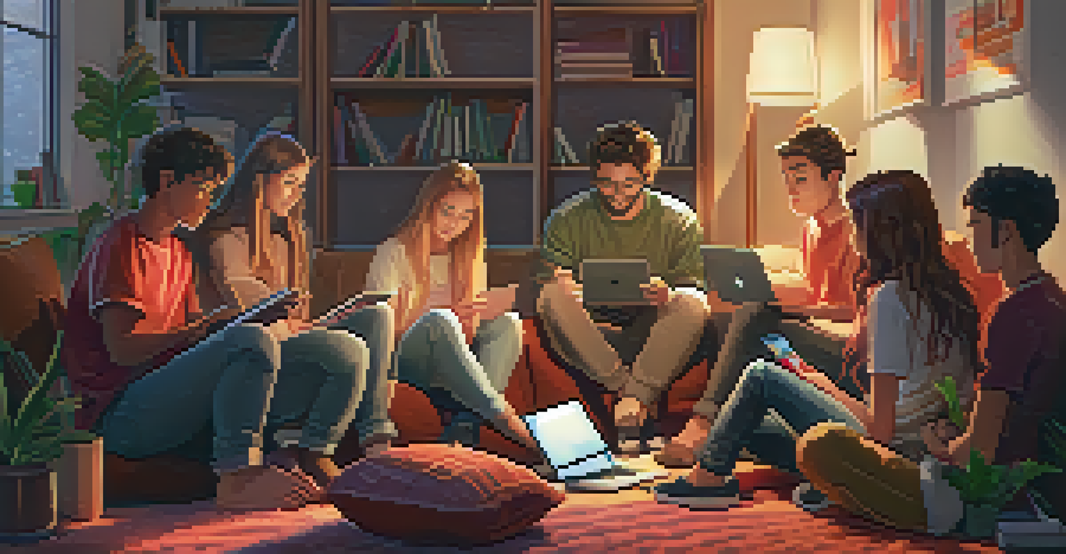 Students collaborating on a project in a cozy setting, using digital devices and sharing ideas.