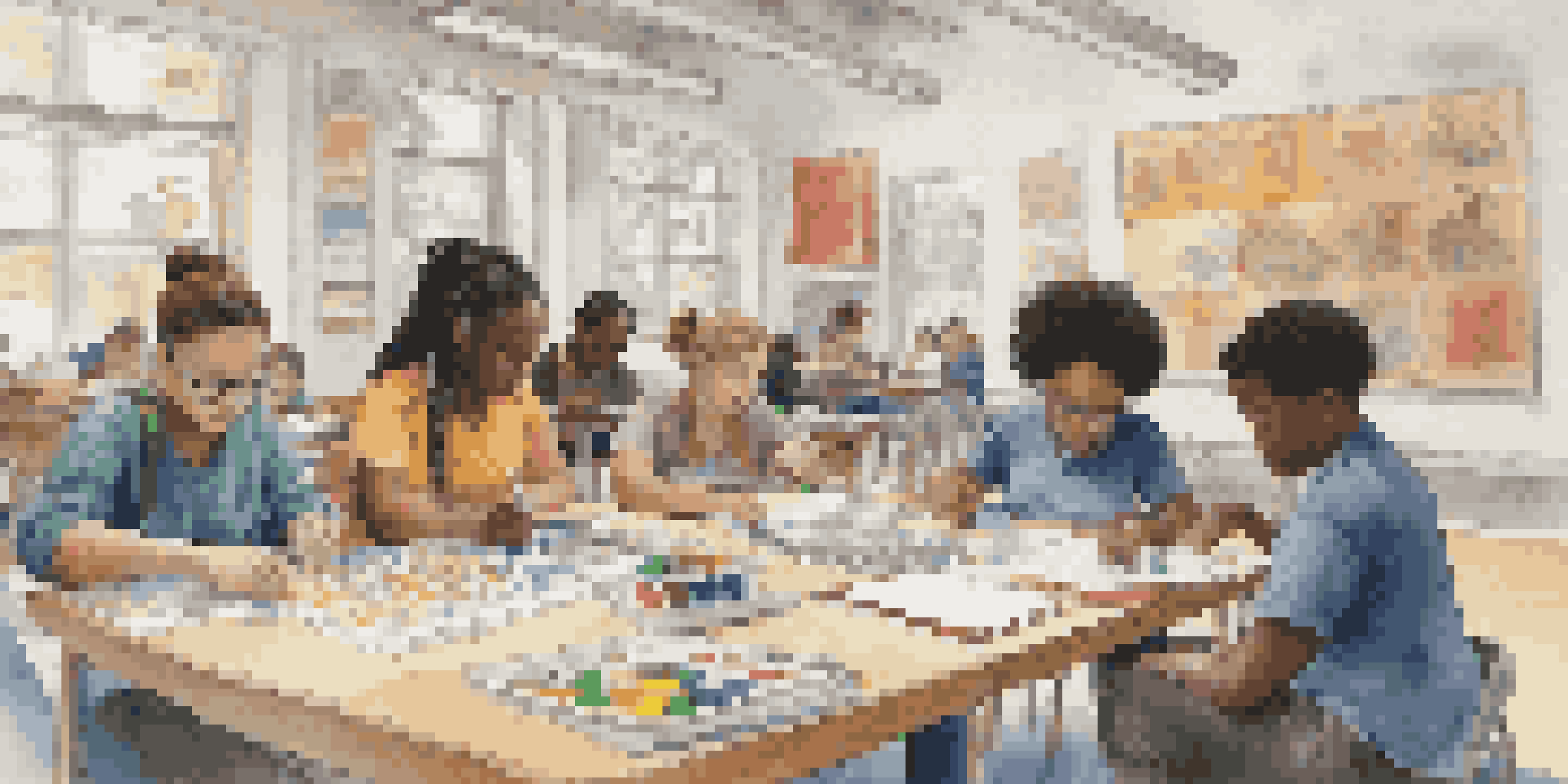 A diverse group of students working together in a classroom, surrounded by cultural artifacts and colorful supplies.