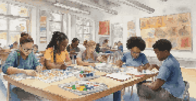 A diverse group of students working together in a classroom, surrounded by cultural artifacts and colorful supplies.