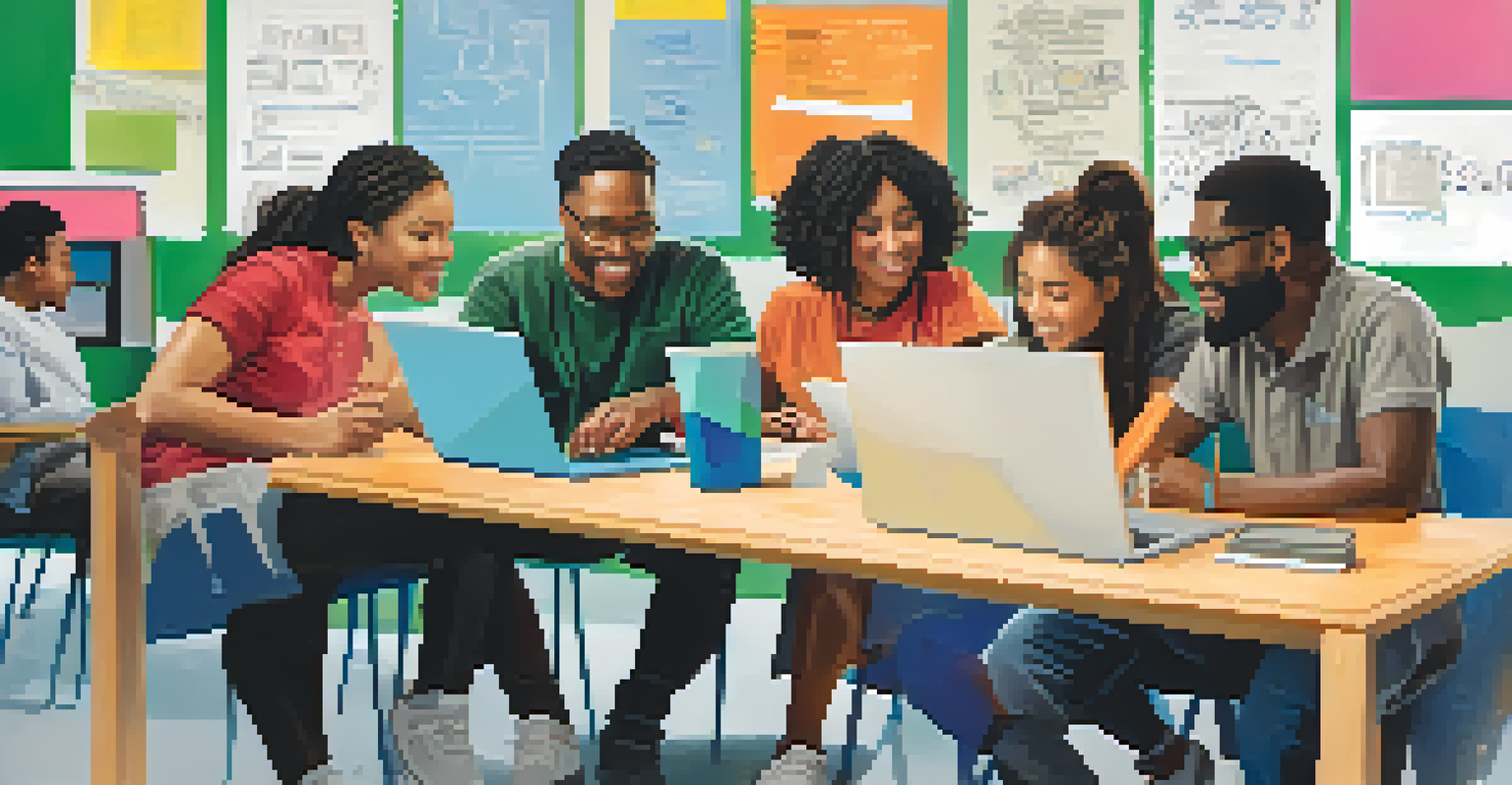 A group of diverse individuals collaborating and learning together at a table with laptops and notes.