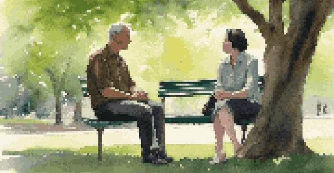 A mentor and mentee having a conversation in a park, surrounded by greenery and sunlight.