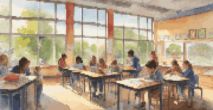 A bright and lively school scene with students participating in group activities, surrounded by colorful artwork and natural light.