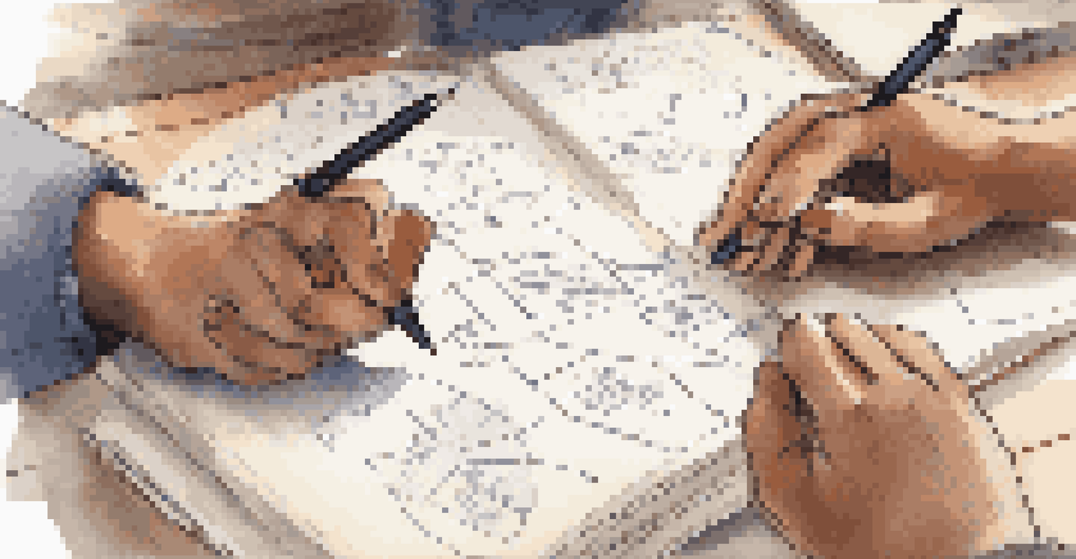 Two hands discussing lesson plans in a cozy café, with a notebook filled with colorful sketches and notes.