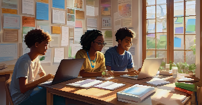 A diverse group of students participating in a virtual classroom, surrounded by books and notes, with warm natural light and inspirational decorations.