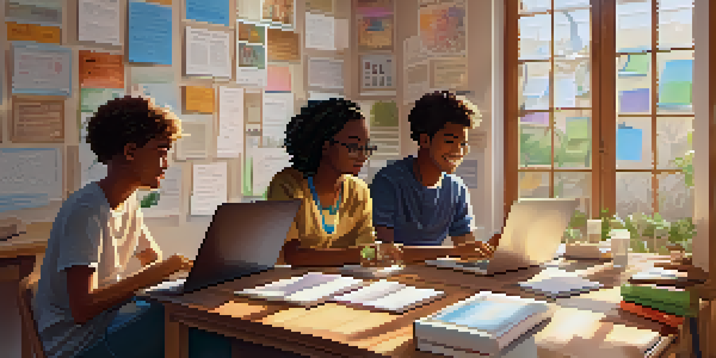 A diverse group of students participating in a virtual classroom, surrounded by books and notes, with warm natural light and inspirational decorations.