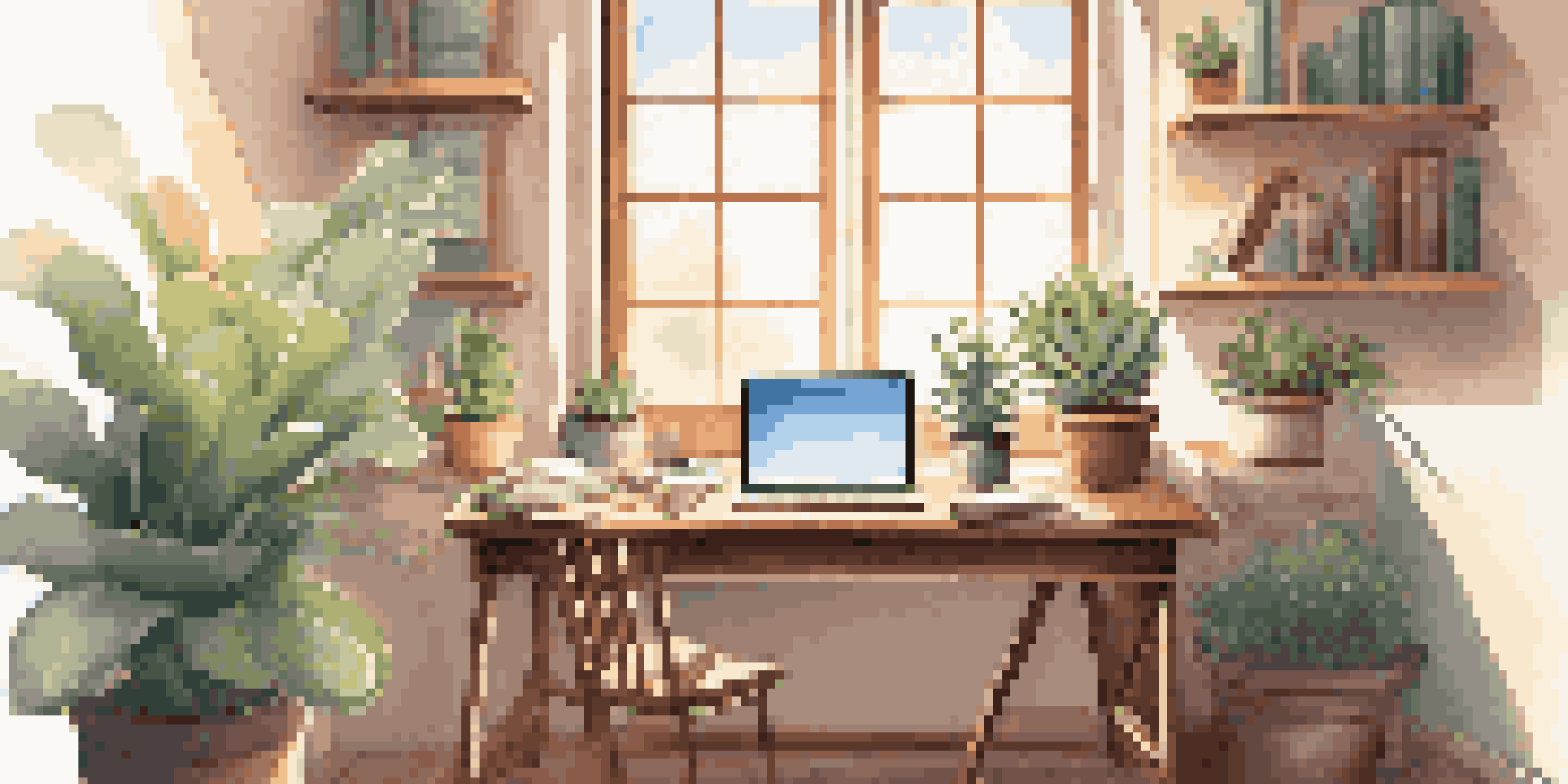 A cozy study area featuring a wooden desk, books, a laptop, and sunlight streaming through a window, enhancing the learning environment.