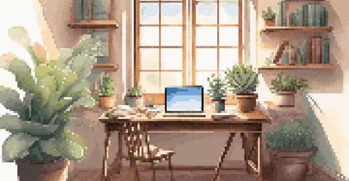 A cozy study area featuring a wooden desk, books, a laptop, and sunlight streaming through a window, enhancing the learning environment.