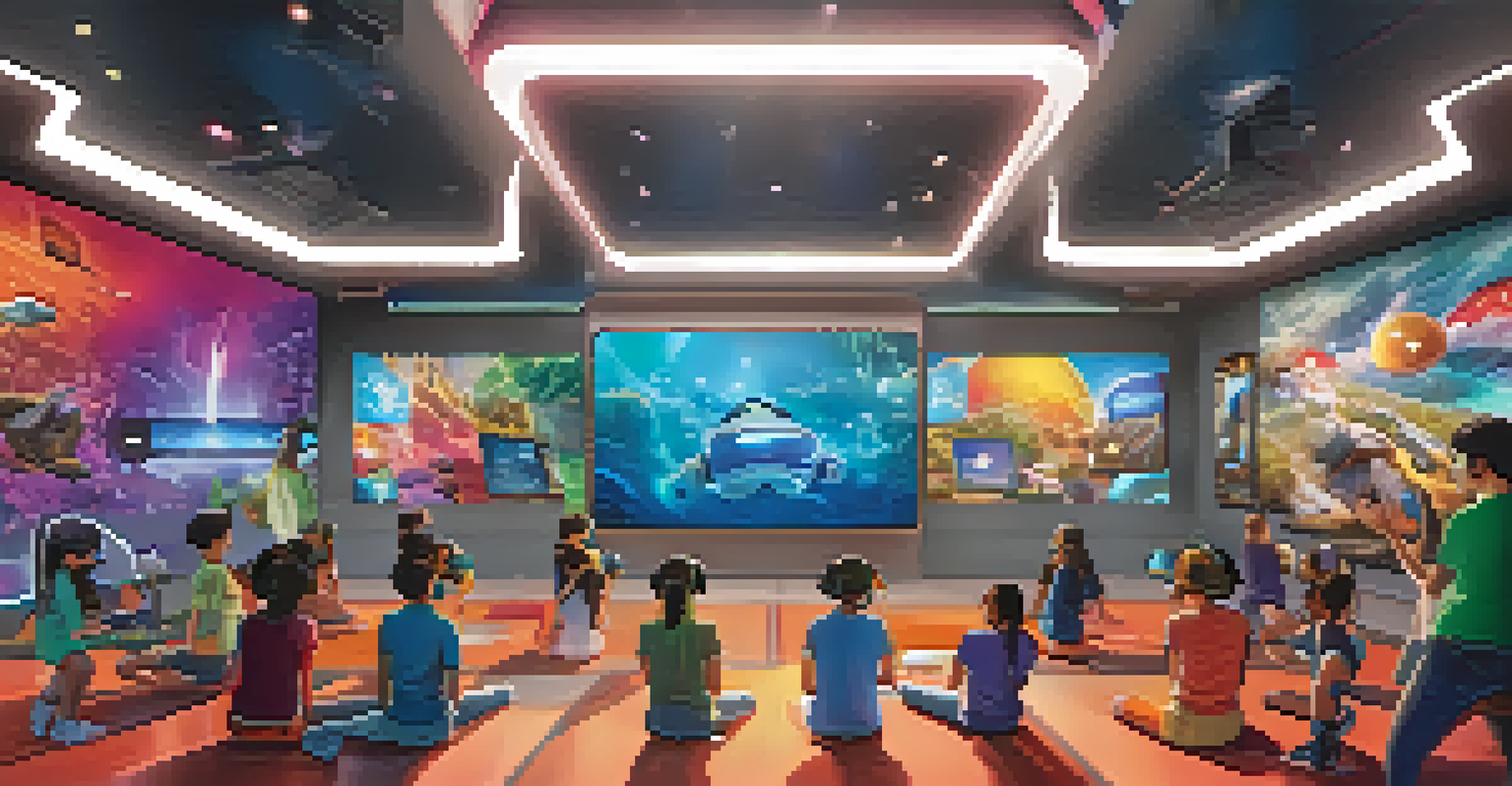 Students wearing VR headsets in a futuristic classroom, interacting with virtual objects and graphics of historical events.