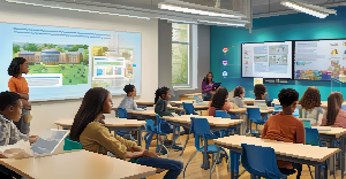 A diverse group of students in a modern classroom using tablets and laptops to engage with AI technology, with a large screen showing personalized learning paths.