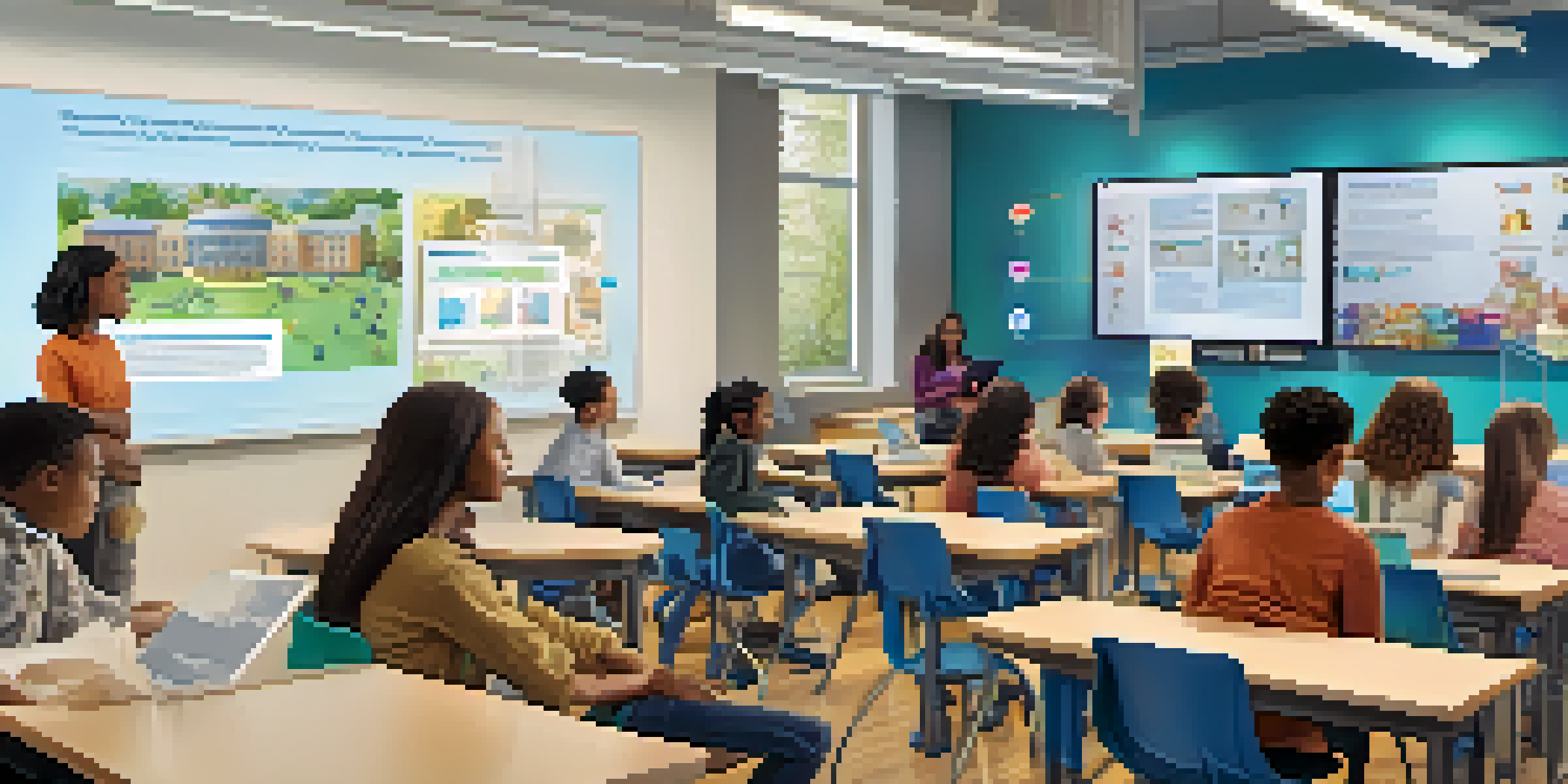 A diverse group of students in a modern classroom using tablets and laptops to engage with AI technology, with a large screen showing personalized learning paths.
