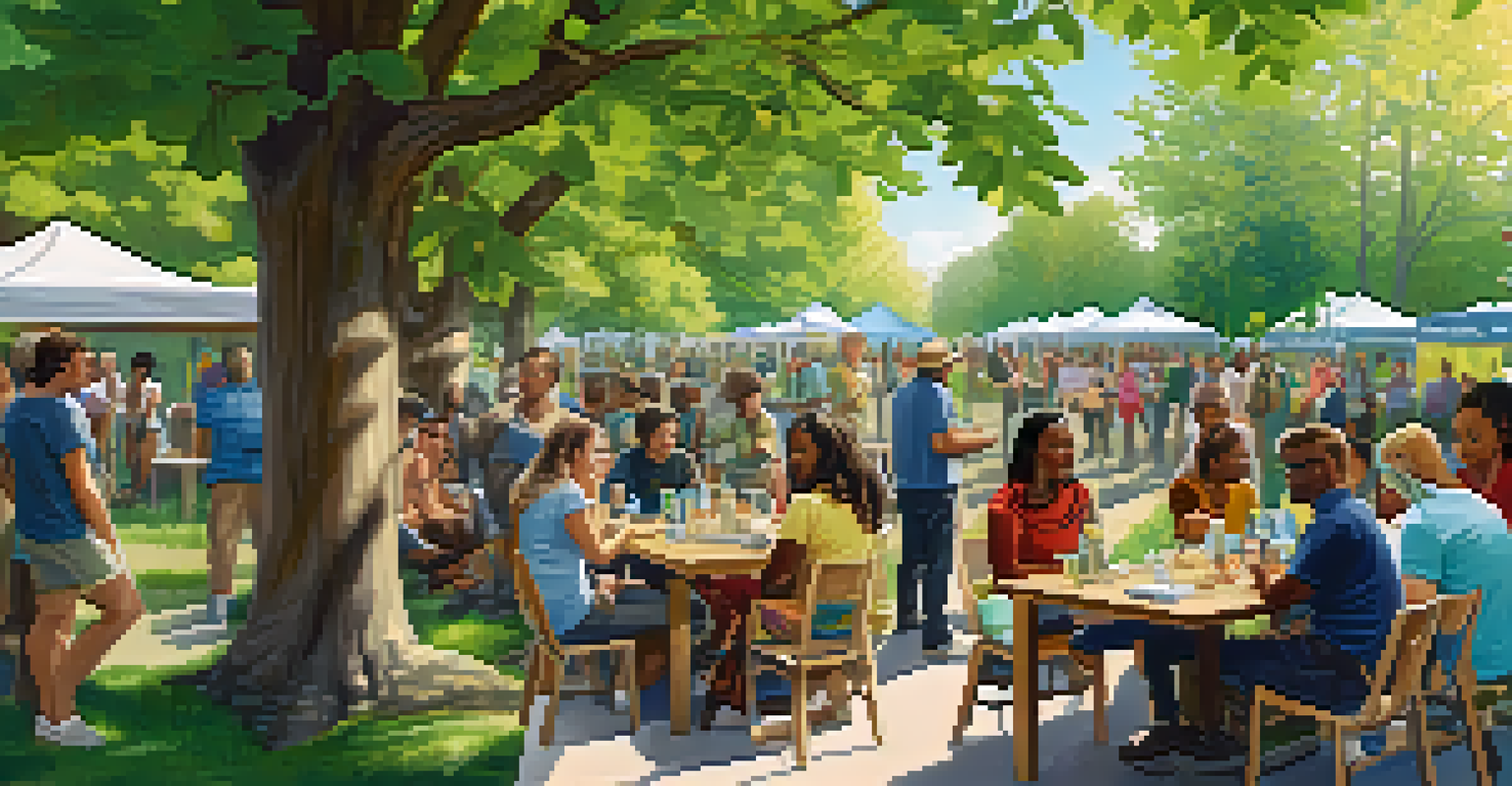 A community gathering focused on environmental sustainability, with diverse participants engaging in discussions around interactive displays in a bright outdoor setting.