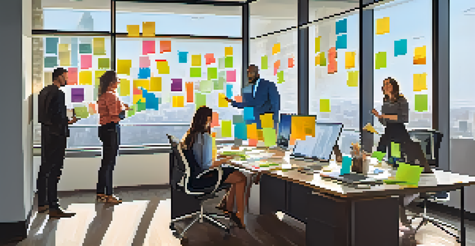 A diverse group of professionals collaborating in a bright office, with colorful post-it notes and laptops on a table.