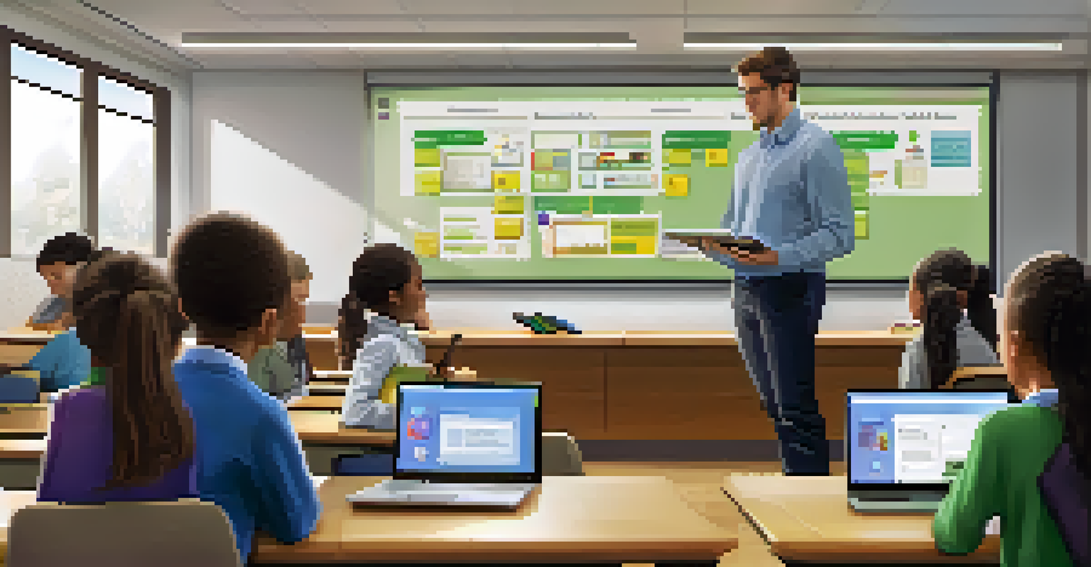 A teacher facilitating a blended learning session with students using tablets and laptops.