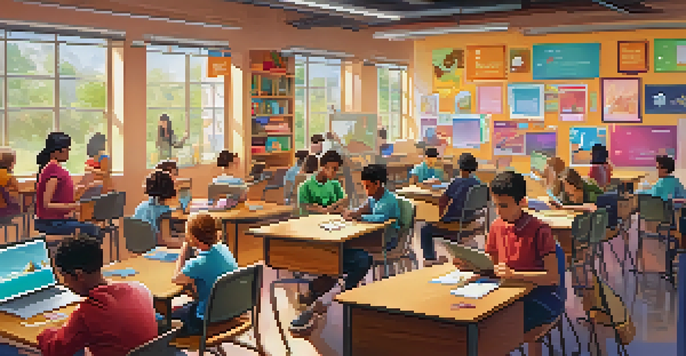 A colorful classroom with students using tablets, engaging in gamified learning, and earning badges on screens.