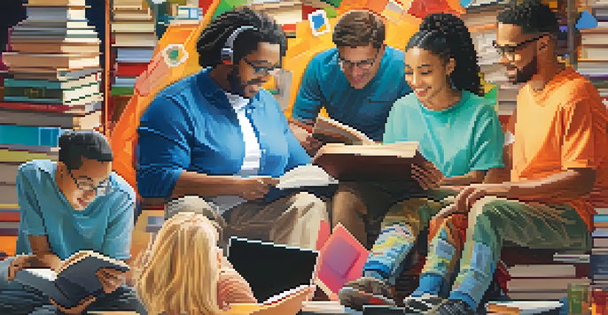 A collage of diverse individuals engaged in learning activities, with social media icons and educational tools in the background.