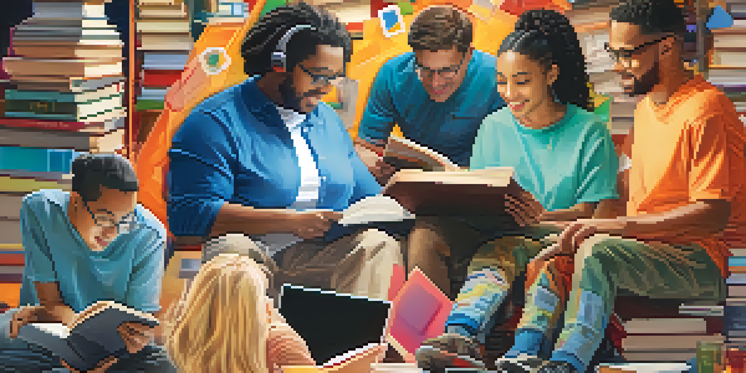A collage of diverse individuals engaged in learning activities, with social media icons and educational tools in the background.