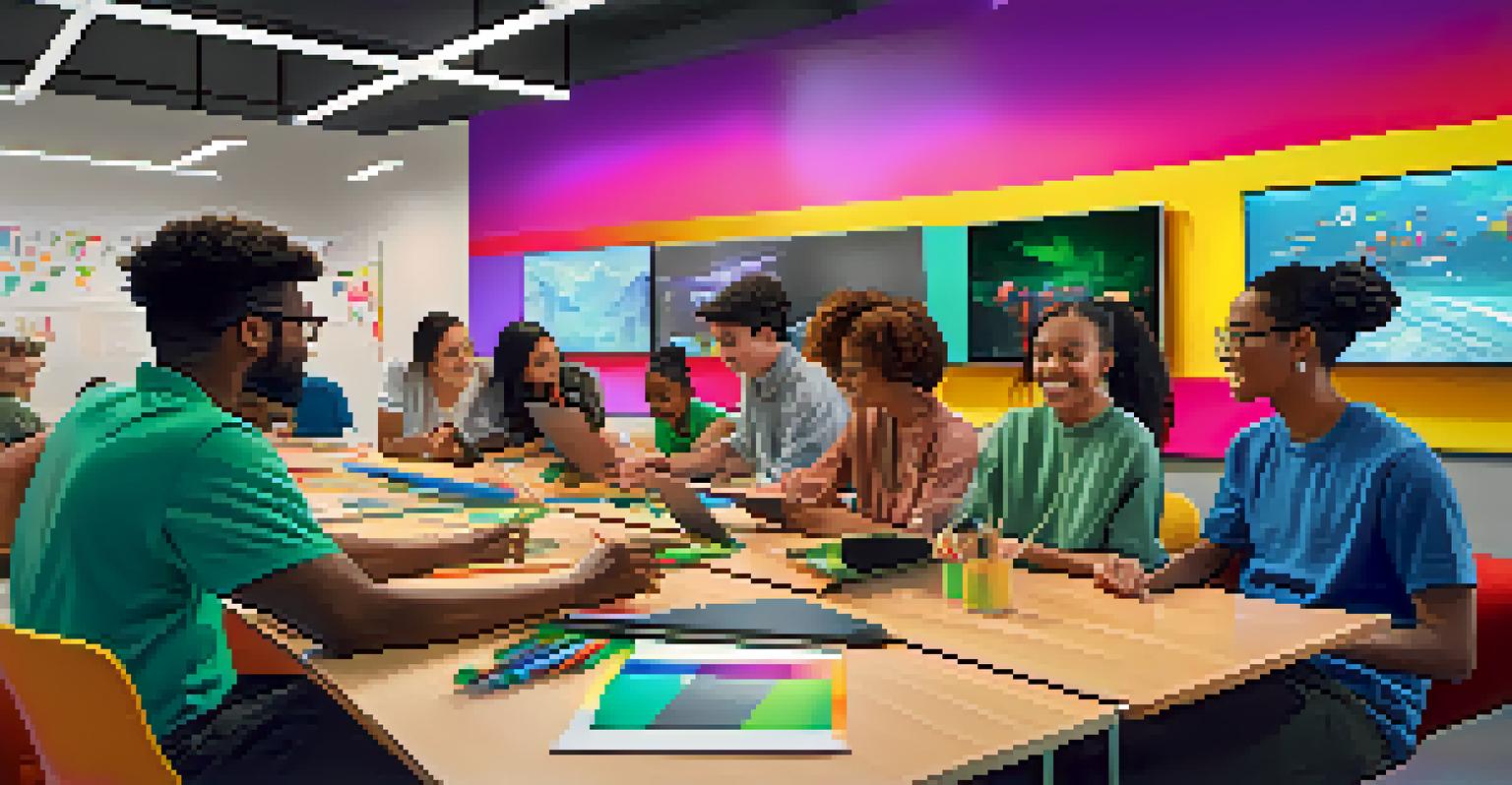 Students of various backgrounds working together in a colorful classroom with digital screens.