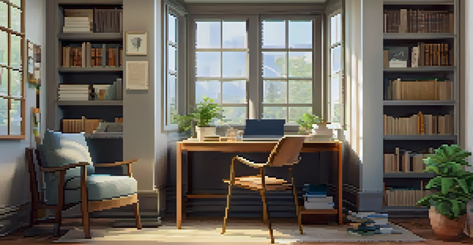 A well-organized study space with a desk, an open book, a laptop, and a plant, illuminated by natural light, with motivational quotes on the walls.
