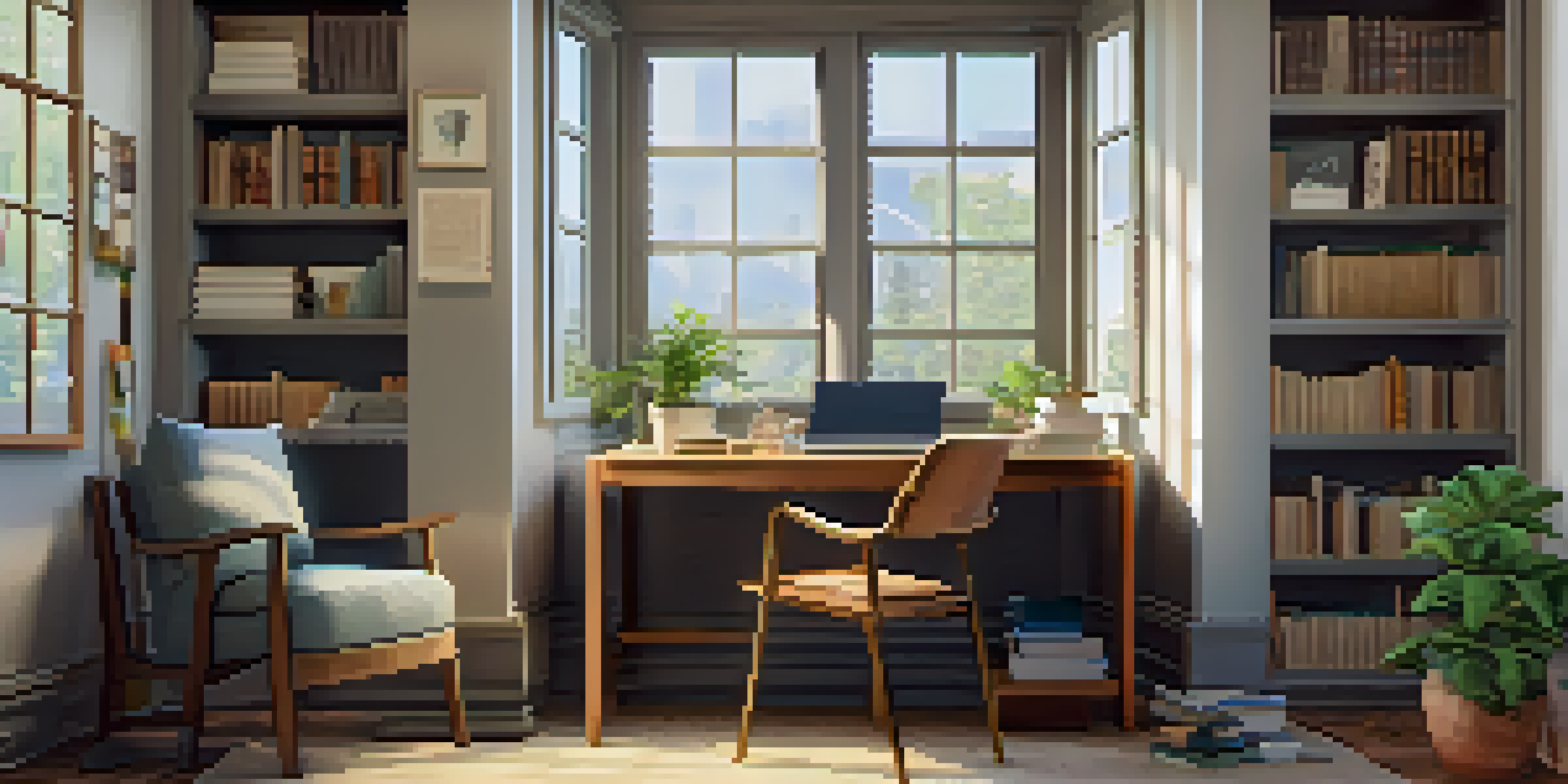 A well-organized study space with a desk, an open book, a laptop, and a plant, illuminated by natural light, with motivational quotes on the walls.