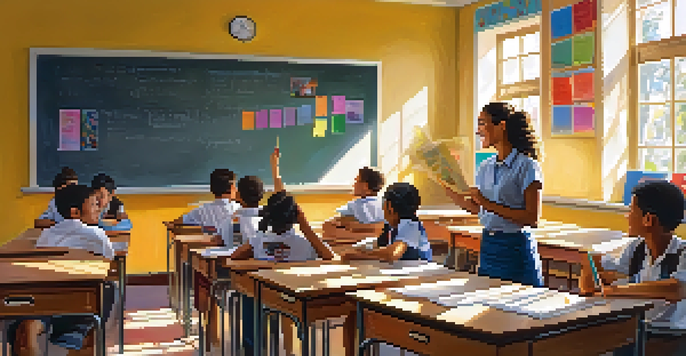 A classroom with a teacher praising a student, colorful educational posters, and sunlight streaming in through the windows.