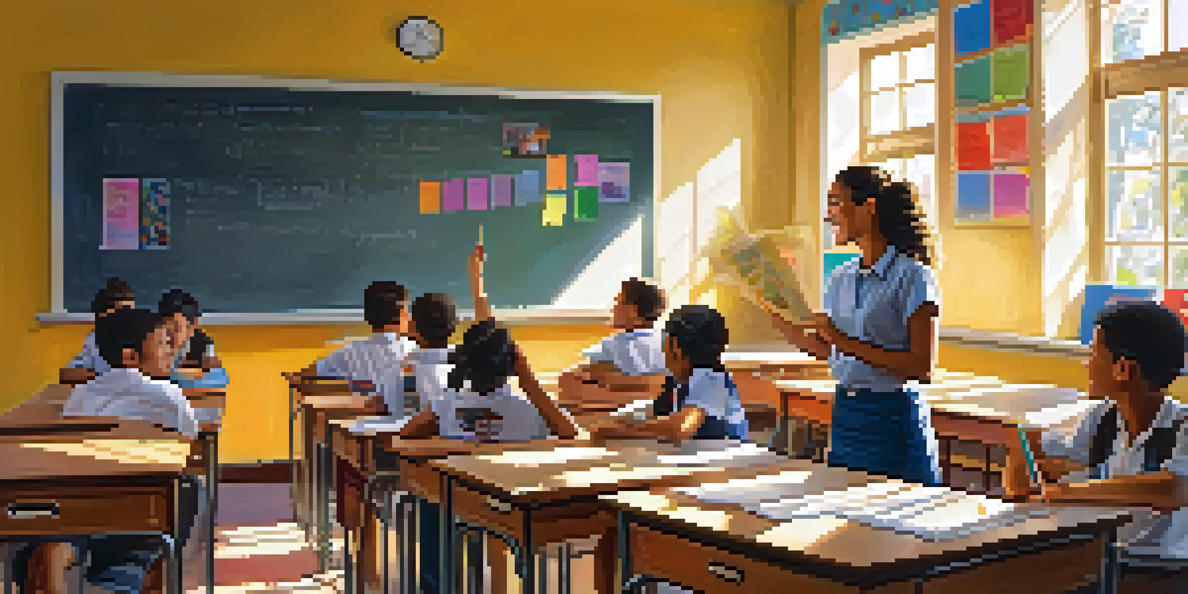 A classroom with a teacher praising a student, colorful educational posters, and sunlight streaming in through the windows.