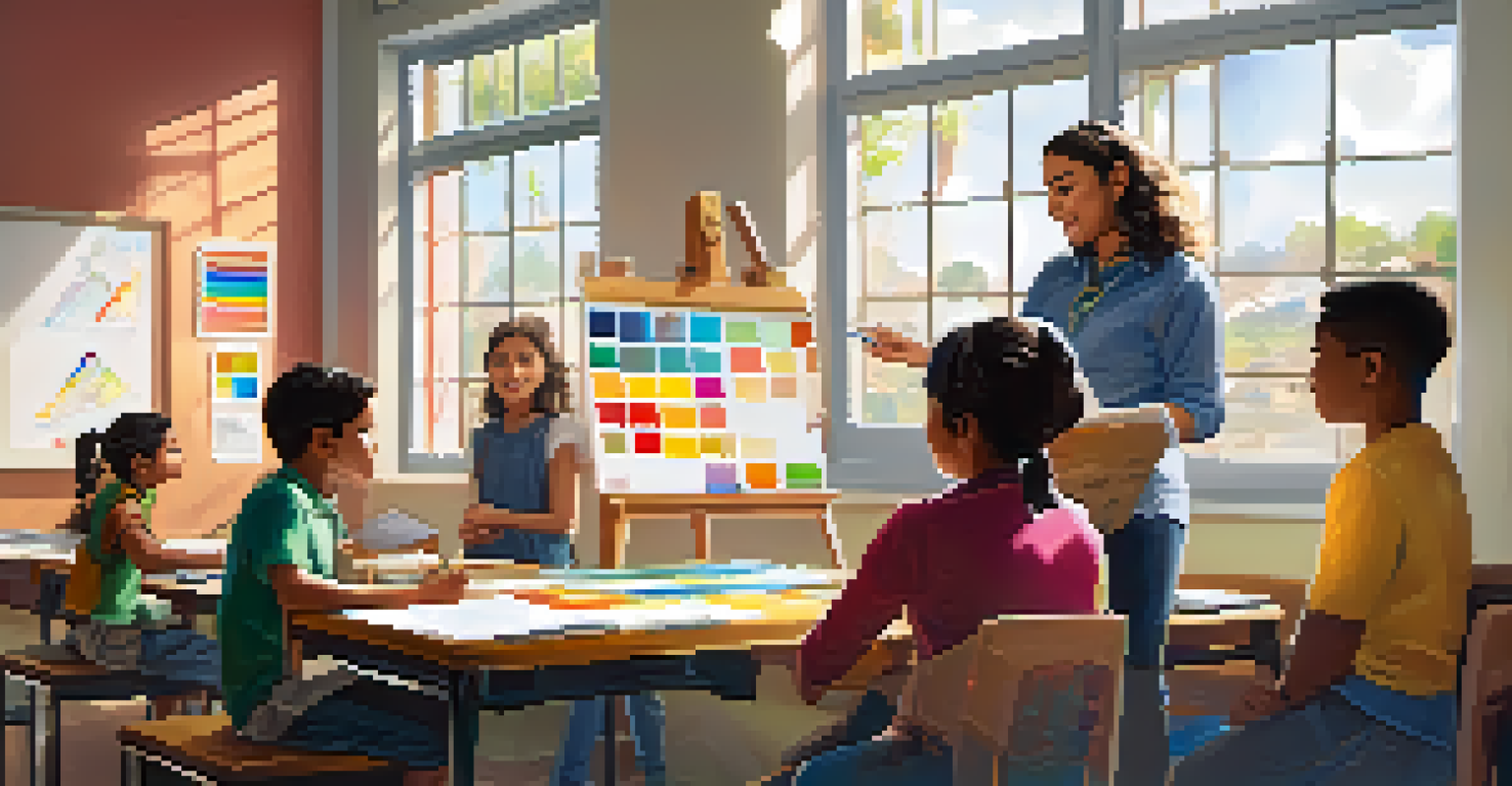 An educator helping students with a project, with one student presenting and others listening in a colorful classroom.