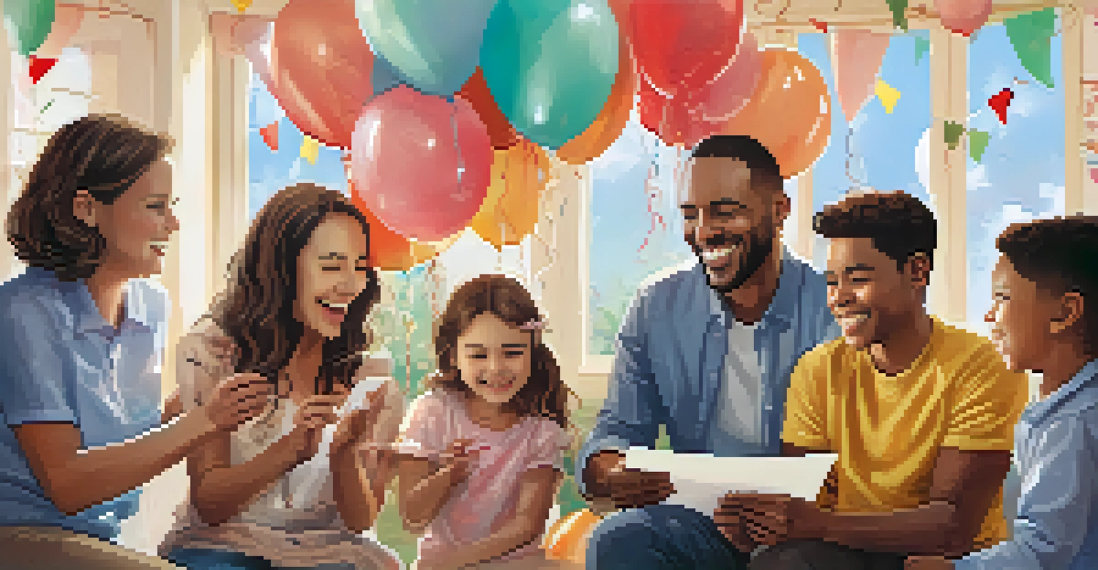 A child holding a certificate of achievement while family members cheer and celebrate in a decorated room with balloons and a 'Congratulations' banner.