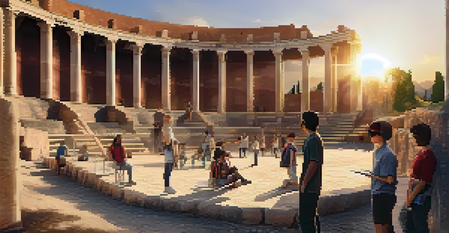 Students in an outdoor historical site wearing augmented reality glasses, viewing digital reconstructions of ancient ruins during sunset.