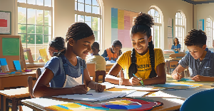 A lively classroom with diverse students working together on a project while a teacher assists them.
