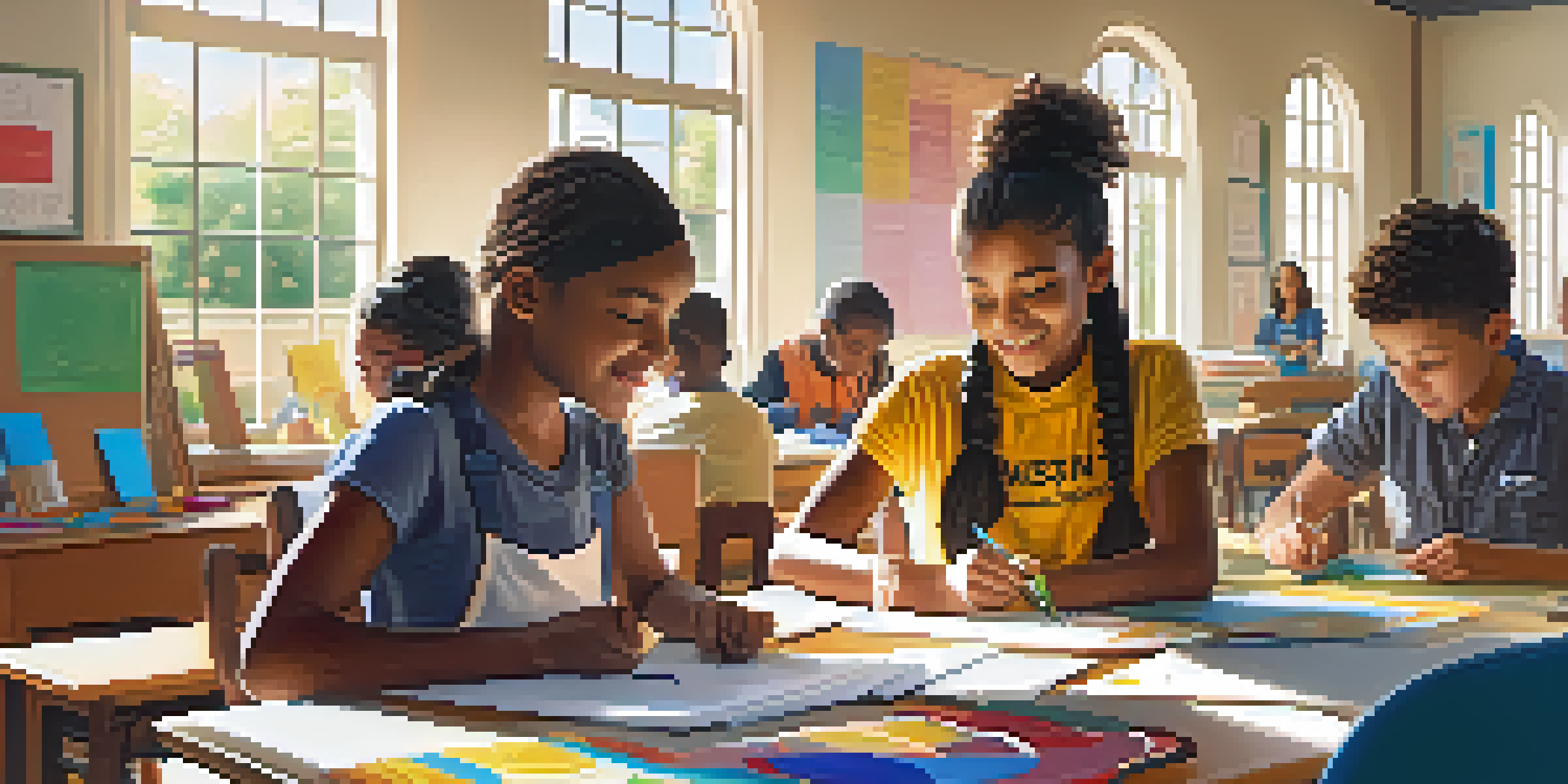 A lively classroom with diverse students working together on a project while a teacher assists them.
