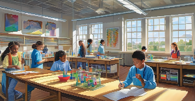 A classroom filled with diverse students participating in a science experiment, with lab equipment on tables and educational posters on the walls.