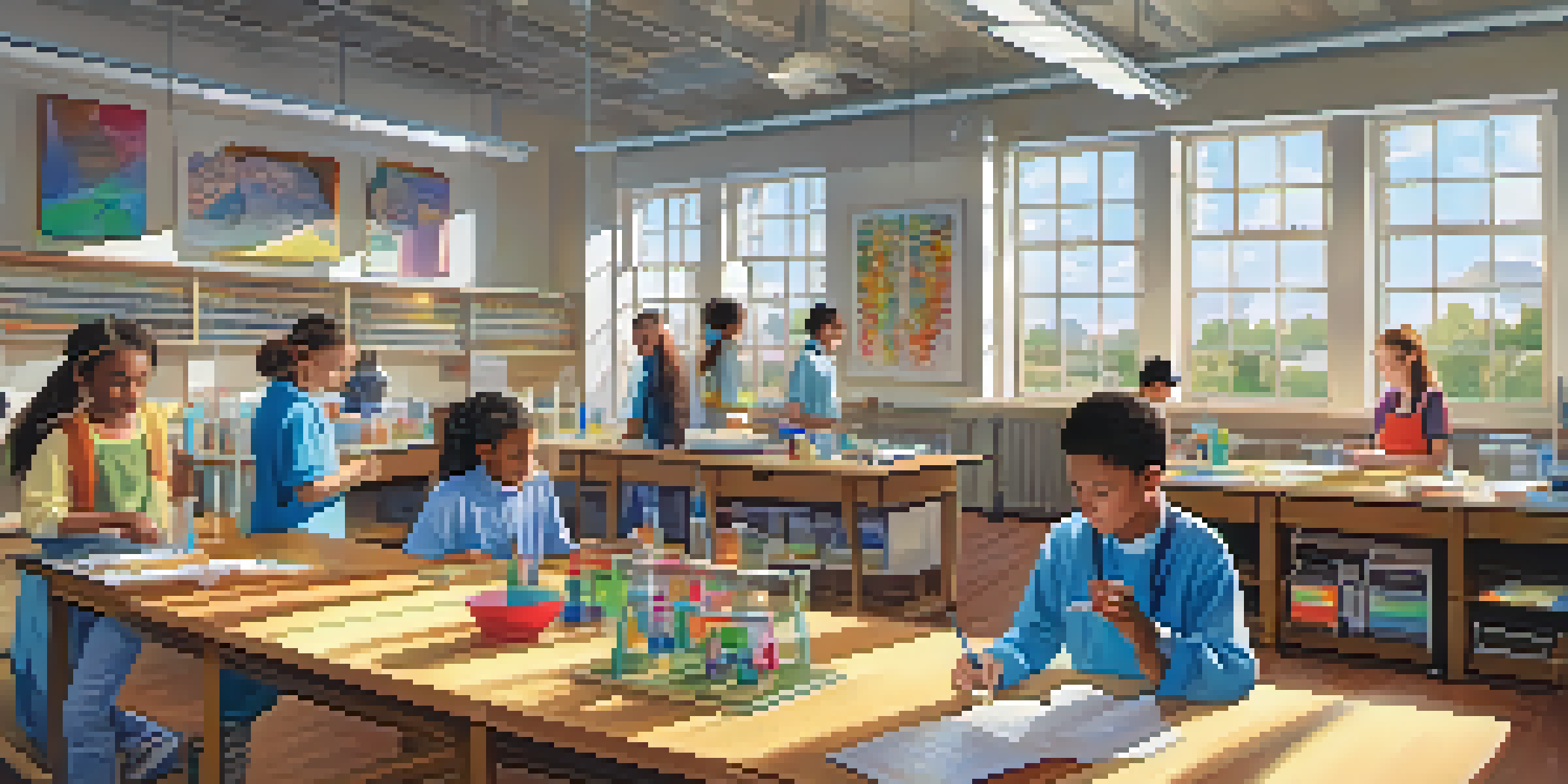 A classroom filled with diverse students participating in a science experiment, with lab equipment on tables and educational posters on the walls.