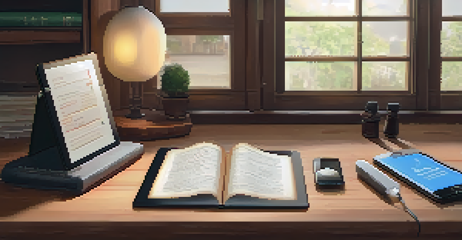 A collection of multilingual educational resources on a table, including books, a tablet, and audio devices, bathed in warm lighting.