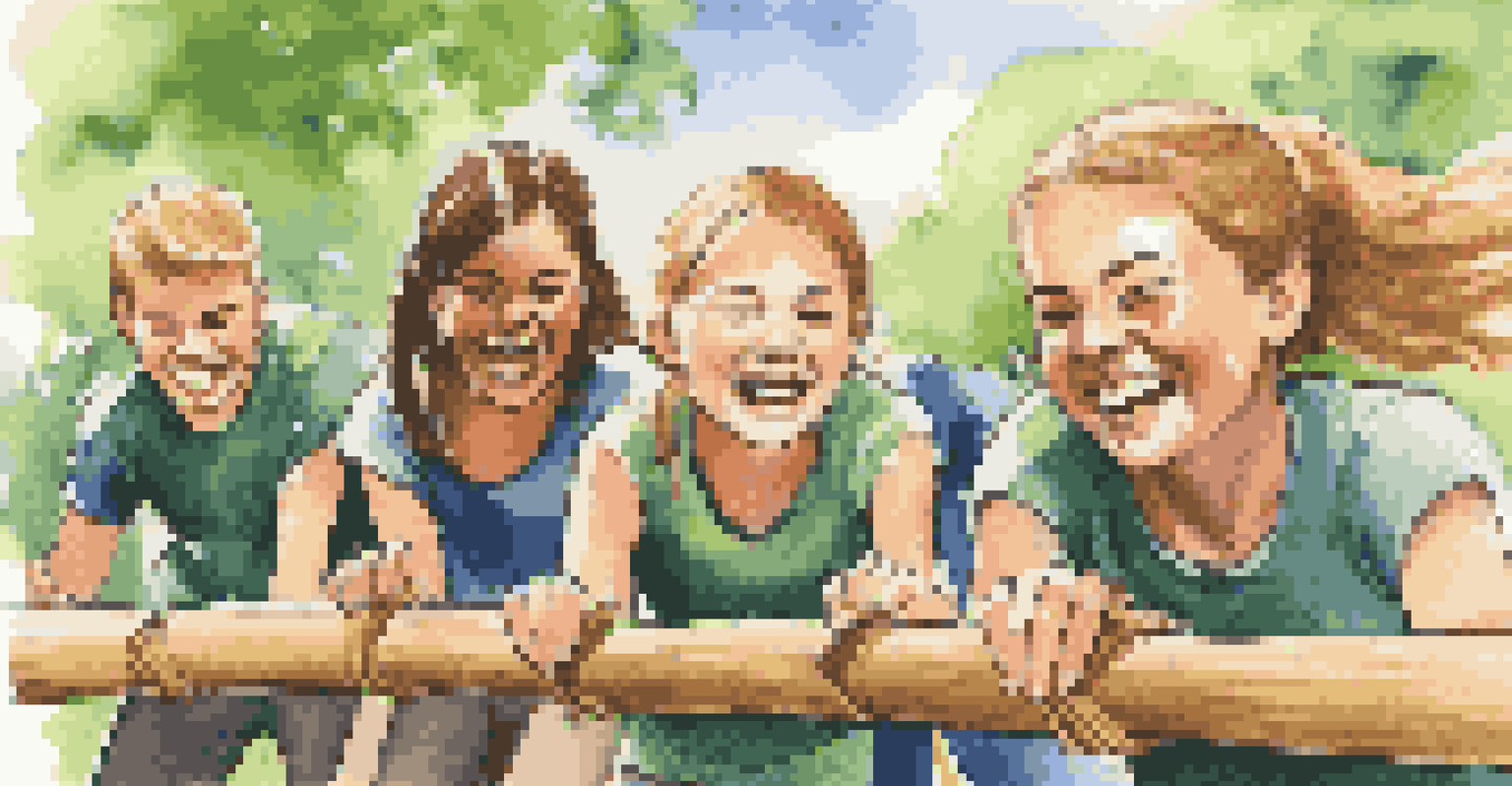 A close-up of students smiling while collaborating on an outdoor team-building obstacle course in a sunny park.