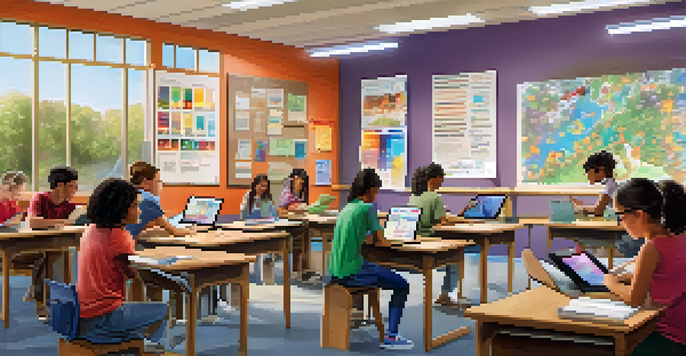 A classroom with students of different abilities using digital devices and traditional materials, with natural light coming through windows.