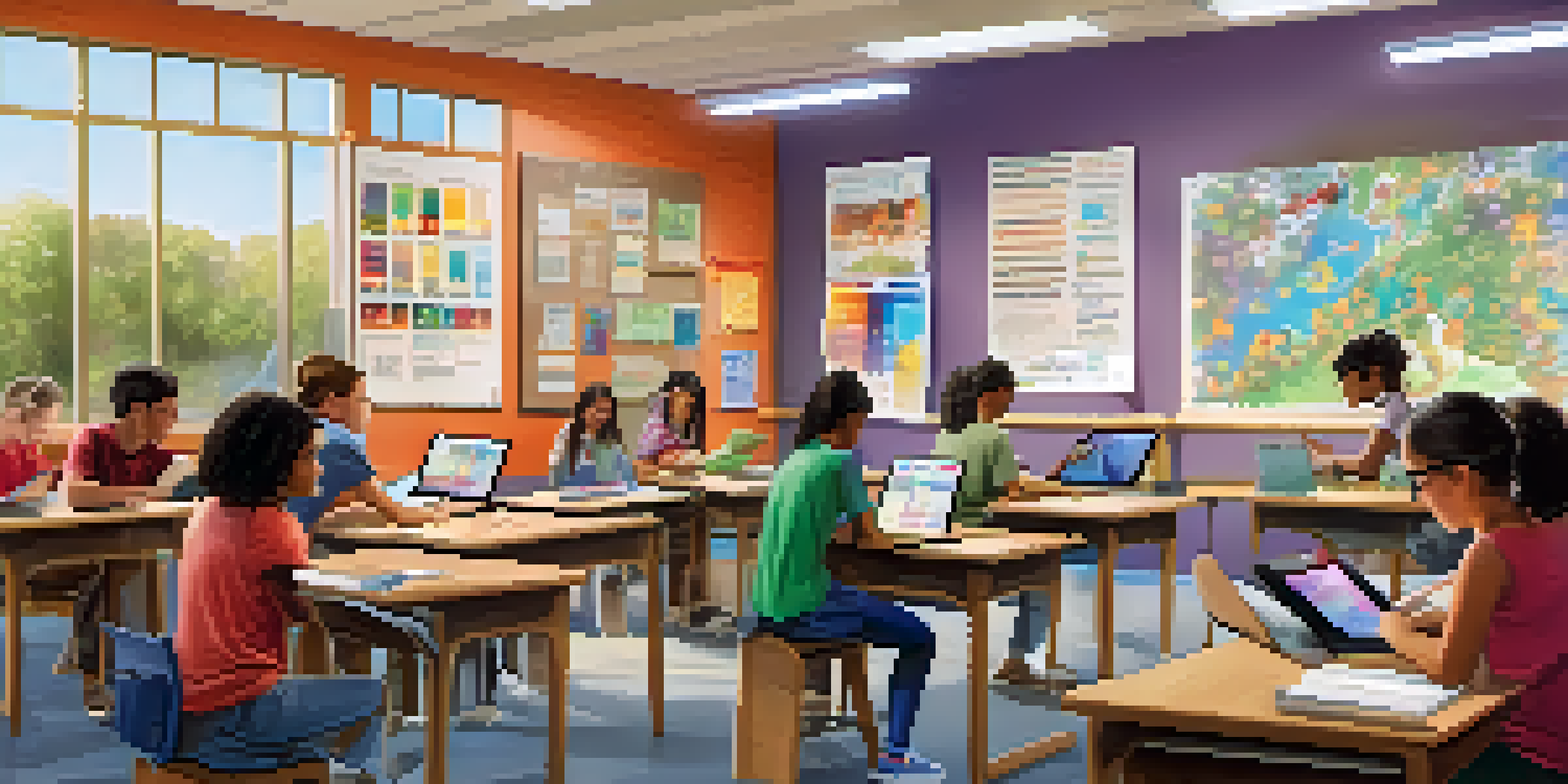 A classroom with students of different abilities using digital devices and traditional materials, with natural light coming through windows.