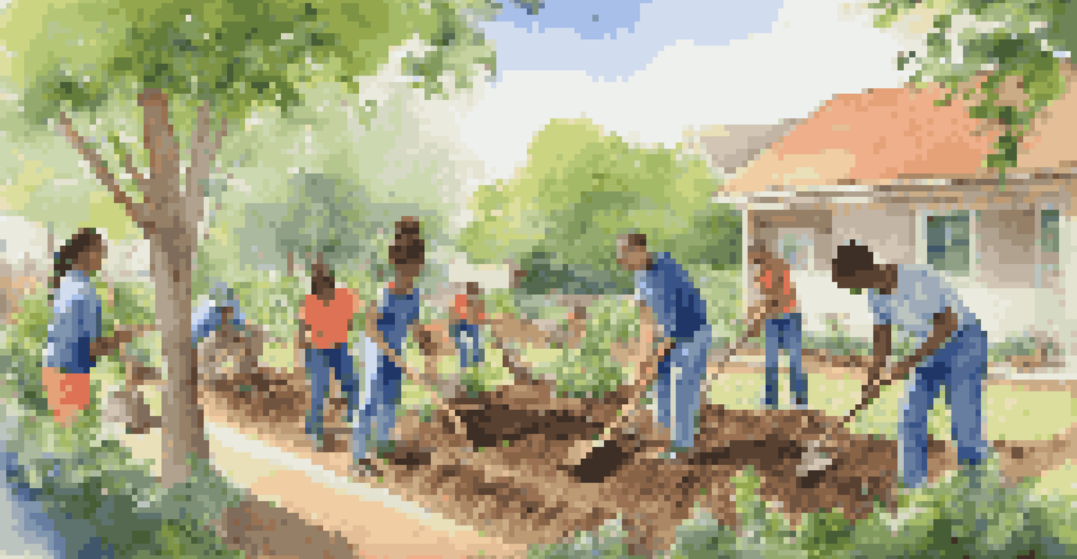 Students planting trees with local volunteers in a green outdoor setting, showing teamwork and enthusiasm.