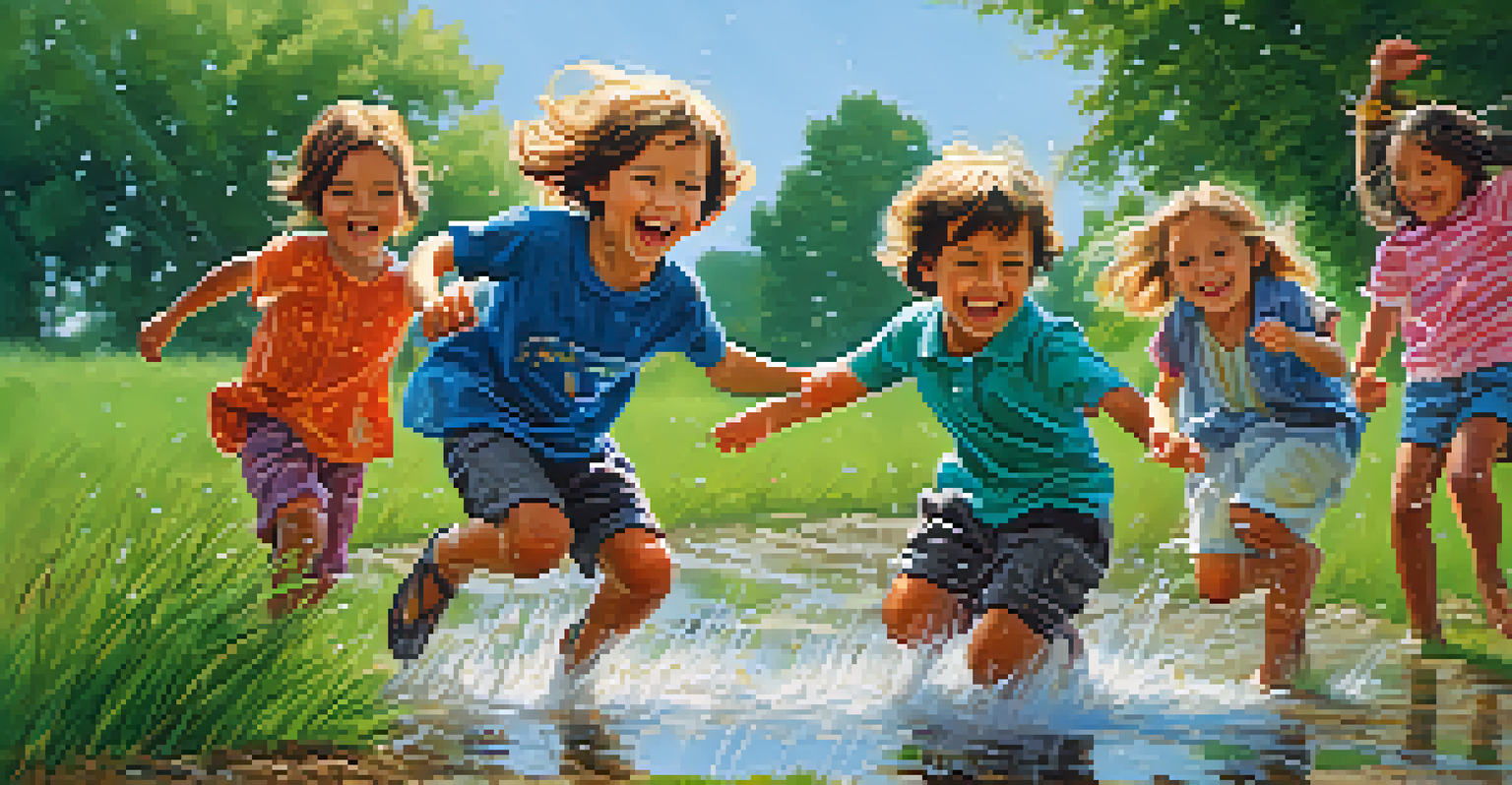Children playing in a park, climbing and jumping over puddles, surrounded by greenery.